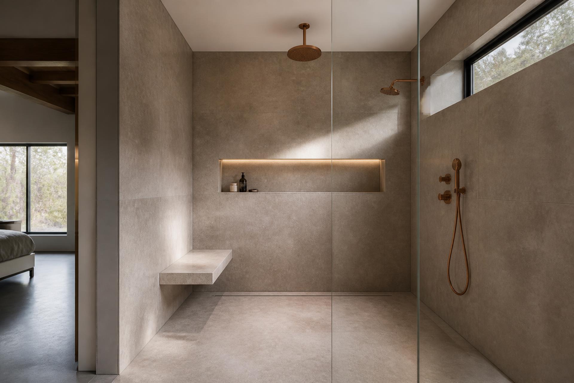 Curbless tiled shower with a linear drain, glass panel and stone-look large-format tile