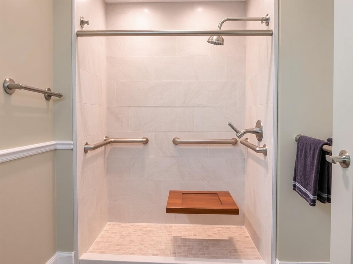 Step-free shower with a wide entry, grab bar and fold-down seat