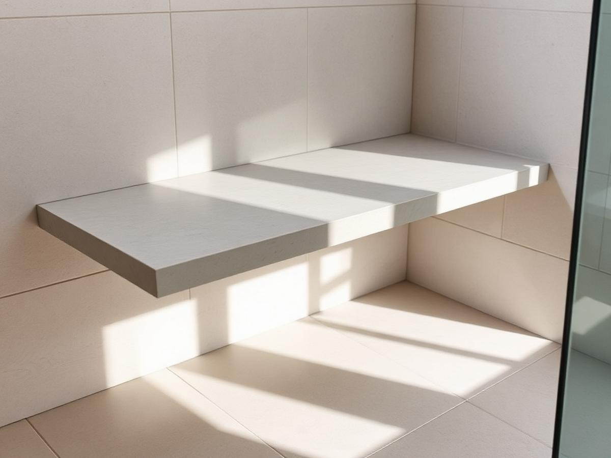Built-in tiled shower bench running the width of a walk-in shower