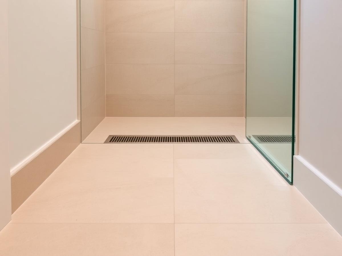 Curbless shower entry finished flush with the bathroom floor beside a linear drain