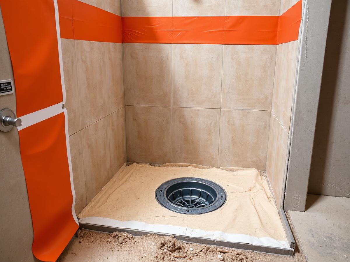 Shower walls covered in a bonded waterproofing membrane with banded inside corners
