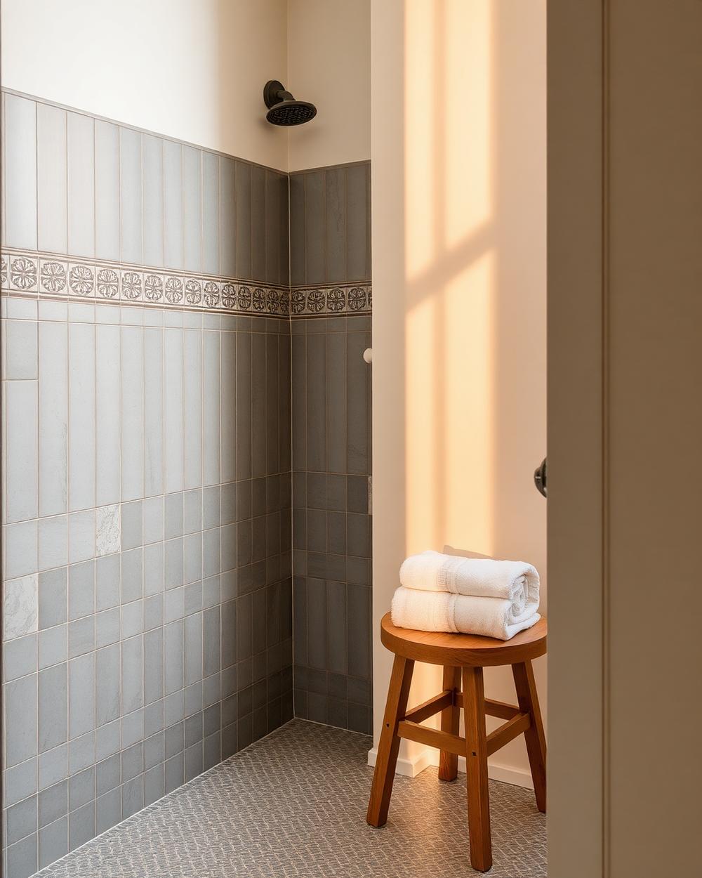Tiled bathroom corner showing careful tile layout and detailing